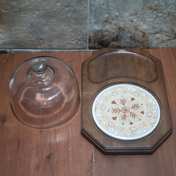 Vintage Cheese and Cracker Platter Tray Ceramic Tile Glass Dome Himark 1982 - Picture 7 of 14